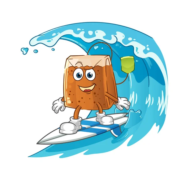 Çay poşeti sörf karakteri. çizgi film maskotu vektörü