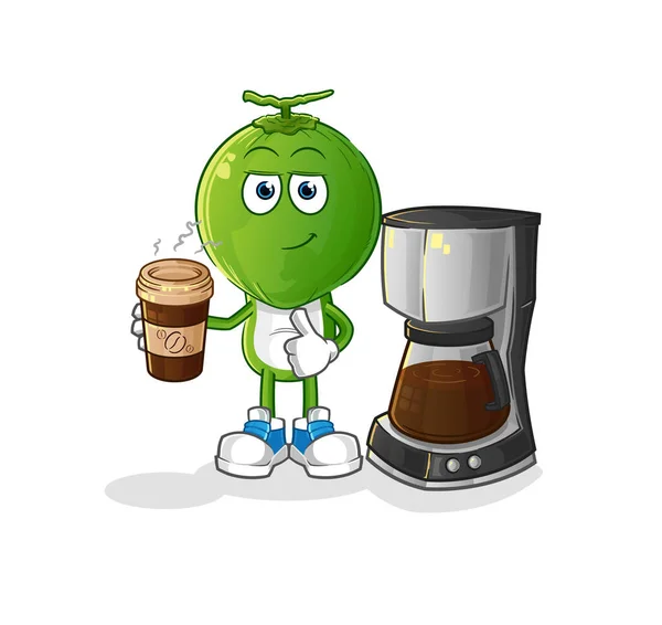 Green Coconut Head Cartoon Drinking Coffee Illustration Character Vector — Stock Vector