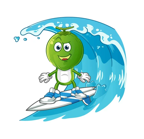 Cabeça Coco Verde Personagem Surf Cartoon Vetor Mascote Desenhos Animados — Vetor de Stock