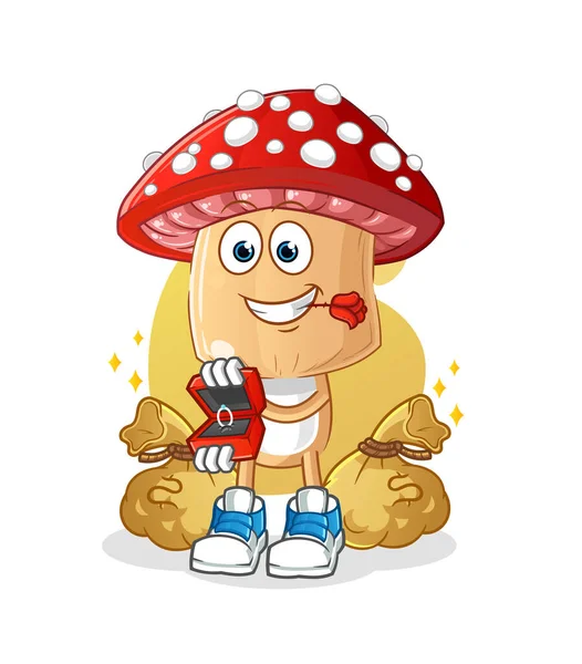 Kırmızı mantar kafalı çizgi film karakteri yüzükle evlenme teklif ediyor. çizgi film maskotu vektörü