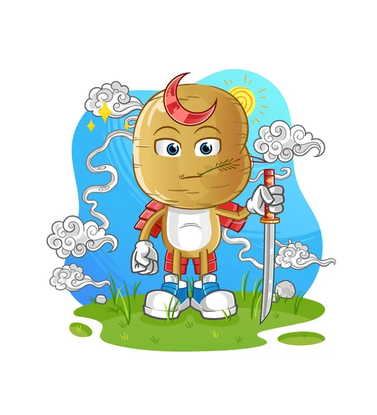 Aardappel Hoofd Cartoon Samoerai Tekenfilm Mascotte Vector — Stockvector