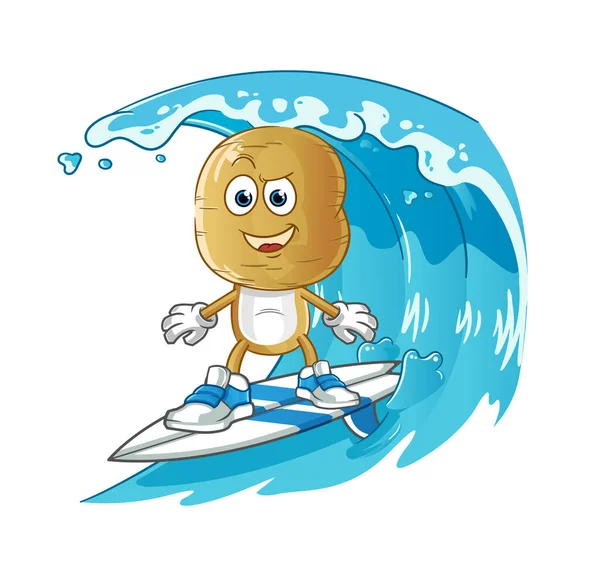 Patates kafalı sörf karakteri. çizgi film maskotu vektörü