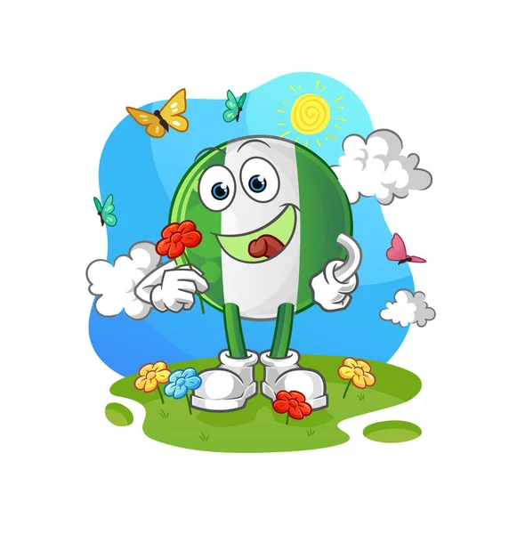 Nijerya bayrağı ilkbaharda çiçek toplar. karakter vektörü