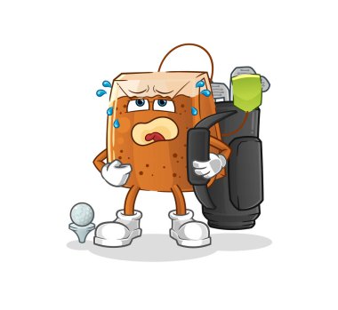 Golf ekipmanlı çay poşeti. çizgi film maskotu vektörü