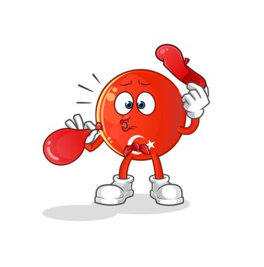 Türk bayrağı pandomim balonu şişiriyor. çizgi film maskotu vektörü