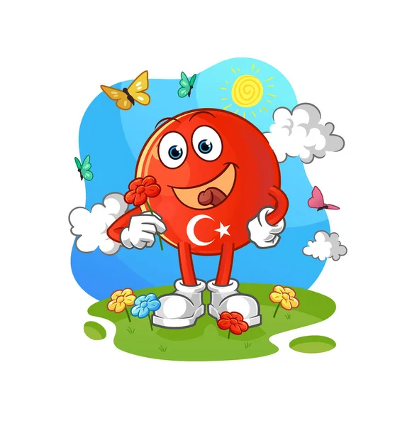 Turecka Flaga Zbiera Kwiaty Wiosną Wektor Charakteru — Wektor stockowy