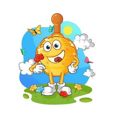 Tahta ballı ayıcık baharda çiçek toplar. karakter vektörü