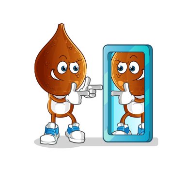 Yılan meyvesi kafalı çizgi film aynaya bakıyor. çizgi film maskotu vektörü