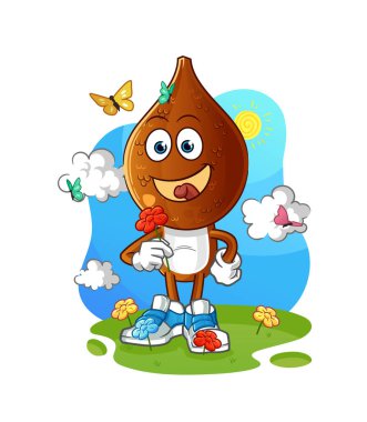 Yılan meyvesi kafalı çizgi film karakteri baharda çiçek toplar. karakter vektörü