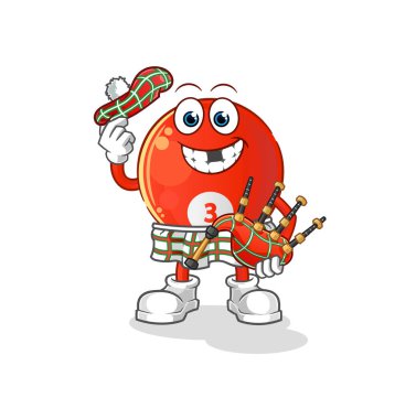 Kırmızı bilardo topu İskoçyalı ve gayda taşıyıcısı. çizgi film karakteri