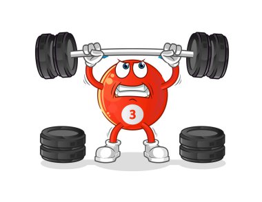 Kırmızı bilardo topu halterciyi kaldırıyor. çizgi film maskotu vektörü