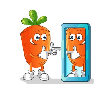 Ayna karikatürüne bakan havuç. çizgi film maskotu vektörü