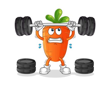 Havuç halterciyi kaldırıyor. çizgi film maskotu vektörü