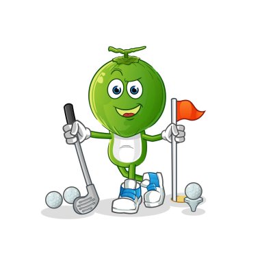 Golf oynayan yeşil hindistan cevizi kafalı çizgi film. çizgi film karakteri