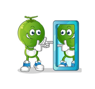 Yeşil hindistan cevizi kafalı çizgi film aynaya bakıyor. çizgi film maskotu vektörü