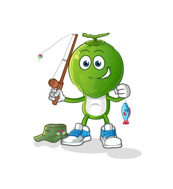 Yeşil hindistan cevizi kafalı karikatür balıkçısı çizimi. karakter vektörü