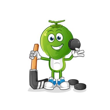 Yeşil hindistan cevizi kafalı çizgi film hokey oyuncusu. çizgi film karakteri