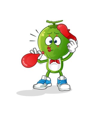 Yeşil hindistan cevizi kafalı karikatür pandomim balonu şişiriyor. çizgi film vektörü