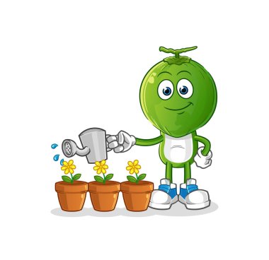 Yeşil hindistan cevizi kafalı çizgi film karakteri çiçek maskotunu suluyor. çizgi film vektörü