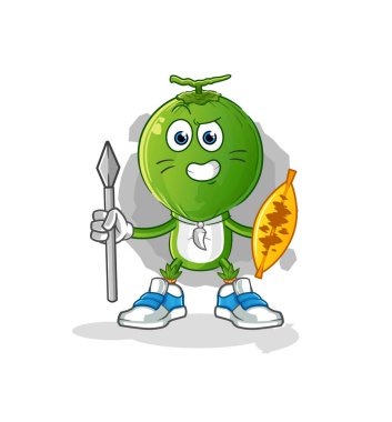 Yeşil Hindistan cevizi kafalı çizgi film Afro kabile savaşçı maskotu. çizgi film vektörü