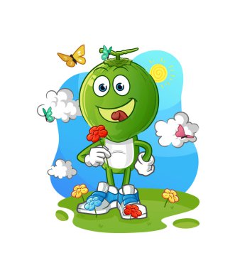 Hindistan cevizi kafalı yeşil çizgi film karakteri baharda çiçek toplar. karakter vektörü