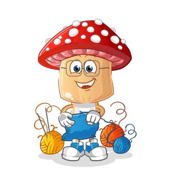 Kırmızı mantar kafalı karikatür terzi maskotu. çizgi film vektörü