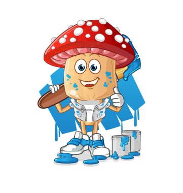 Kırmızı mantar kafalı karikatür ressamı çizimi. karakter vektörü