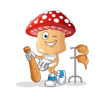 Beyzbol maskotunu oynayan kırmızı mantar kafalı çizgi film. çizgi film vektörü