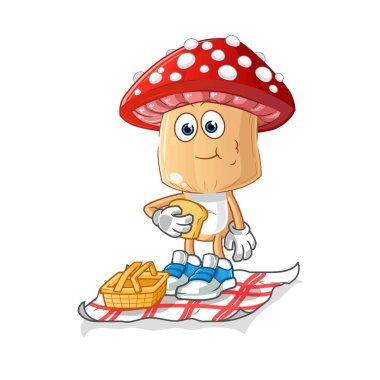 Piknikte kırmızı mantar kafası çizgi filmi. çizgi film maskotu vektörü