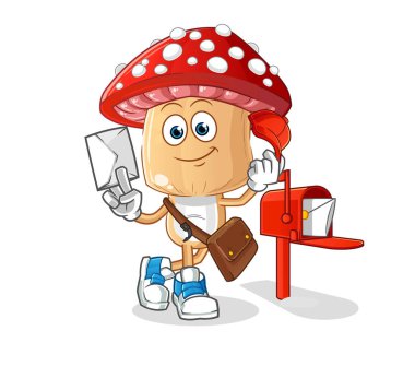 Kırmızı mantar kafalı karikatür postacı vektörü. çizgi film karakteri