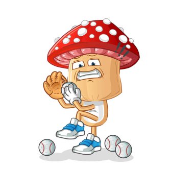 Kırmızı mantar kafalı çizgi film beyzbol atıcısı. çizgi film maskotu vektörü