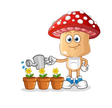 Kırmızı mantar kafalı çizgi film karakteri çiçek maskotunu suluyor. çizgi film vektörü