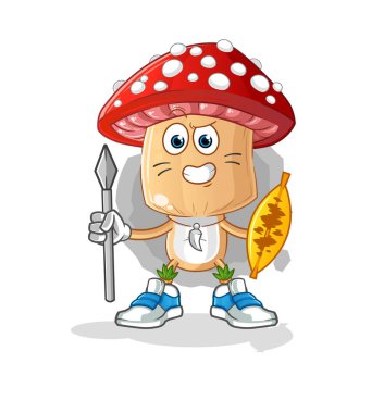 Kızıl mantar kafalı çizgi film Afro kabile savaşçı maskotu. çizgi film vektörü