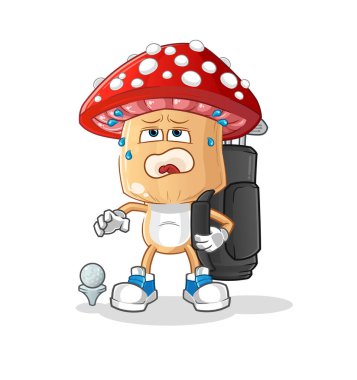 Kırmızı mantar kafalı, golf ekipmanlı bir çizgi film. çizgi film maskotu vektörü