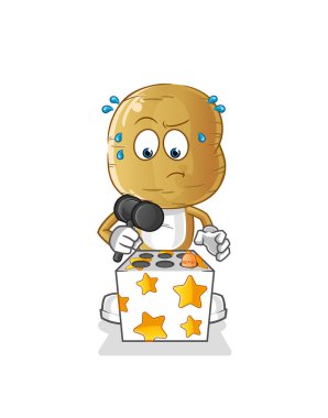 Patates kafalı çizgi film karakteri, köstebek maskotuna vuruyor. çizgi film vektörü