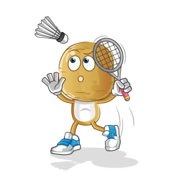 Badminton 'da patates kafalı karikatür ezmesi. çizgi film maskotu vektörü