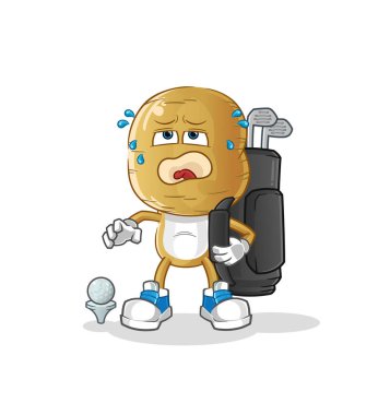 Golf ekipmanlarıyla patates kafalı çizgi film. çizgi film maskotu vektörü