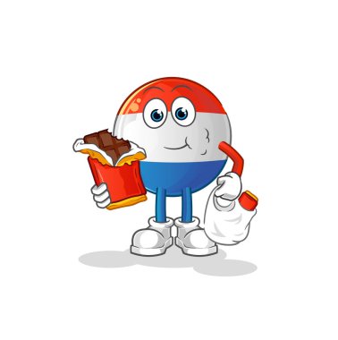 Flaman bayrağı çikolata maskotu yiyor. çizgi film vektörü