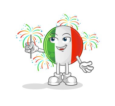 İtalyan bayrağı ve havai fişek maskotu. çizgi film vektörü