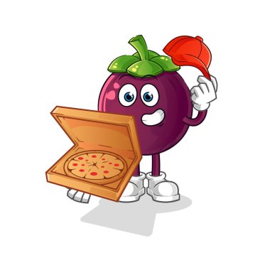 Mangosteen pizza teslimatçısı çocuk vektörü. çizgi film karakteri