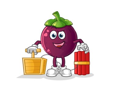 Mangosteen 'in elinde dinamit fünyesi var. çizgi film maskotu vektörü