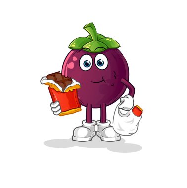 Mangosteen çikolata maskotu yer. çizgi film vektörü