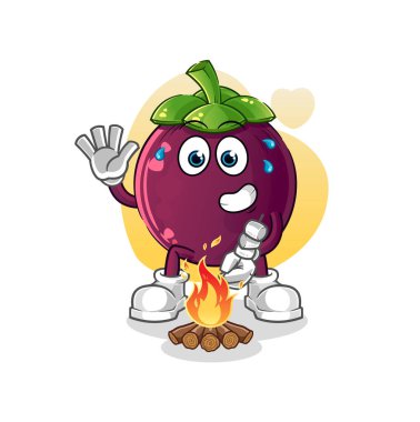 Mangosteen marşmelov kızartıyor. çizgi film maskotu vektörü