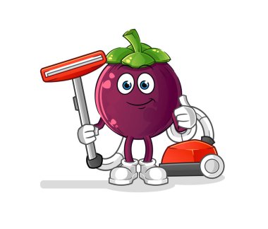 Süpürgeyle temizlenmiş mangosteen. karakter vektörü