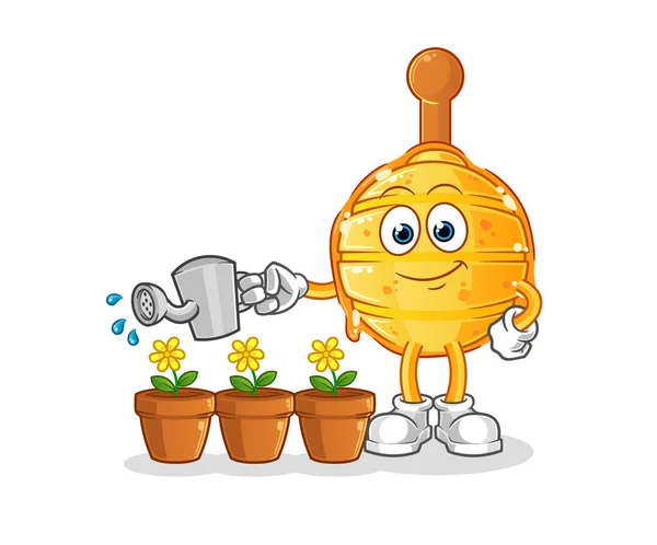 Mergulhador Mel Madeira Regar Mascote Flores Vector Dos Desenhos Animados — Vetor de Stock