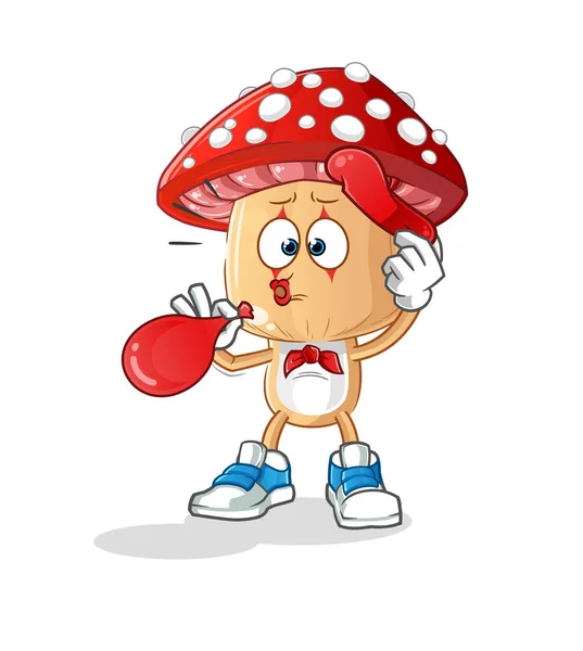 Red Mushroom Head Cartoon Pantomime Blowing Balloon Cartoon Vector — Stock Vector