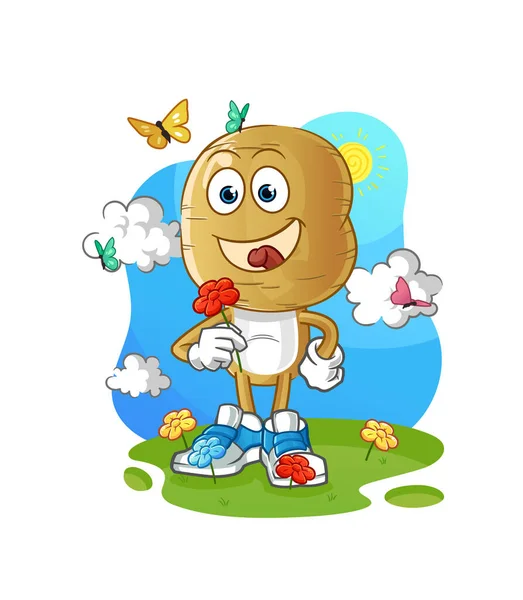 Aardappelkop Cartoon Plukken Bloemen Het Voorjaar Karaktervector — Stockvector