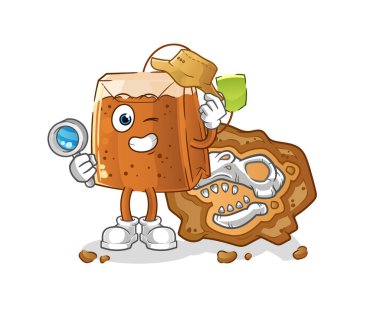 Fosil maskotlu çay poşeti arkeologları. çizgi film vektörü