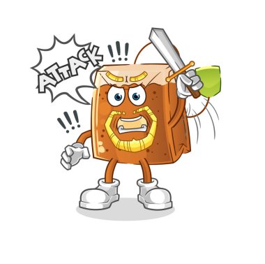 Çay poşeti şövalyeleri kılıçla saldırır. çizgi film maskotu vektörü