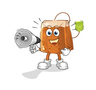 Hoparlör vektörüyle el ele tutuşan çay poşeti. çizgi film karakteri